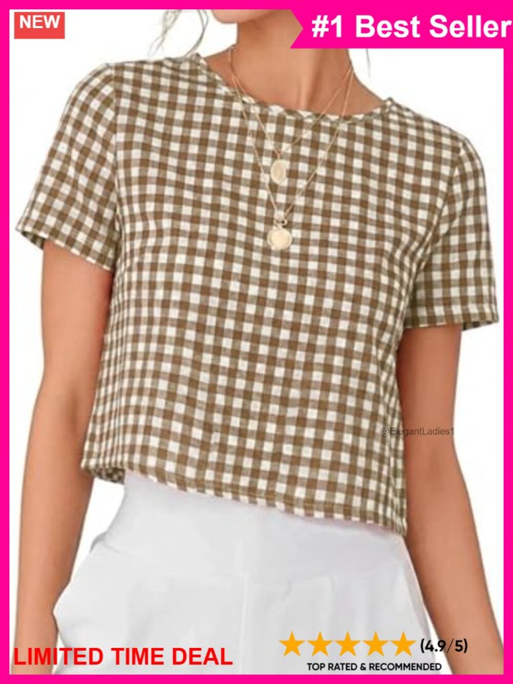 Womens Gingham Crop Top Short Sleeve Cotton Blouse Crewneck Summer Shirt